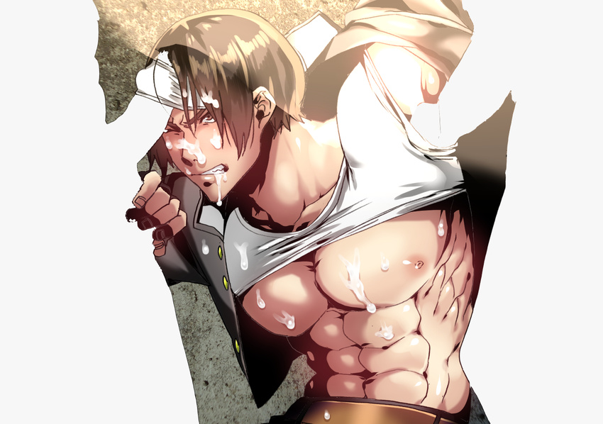 3boys abs cum facial king_of_fighters kusanagi_kyou male_focus multiple_boys muscle undressing yaoi