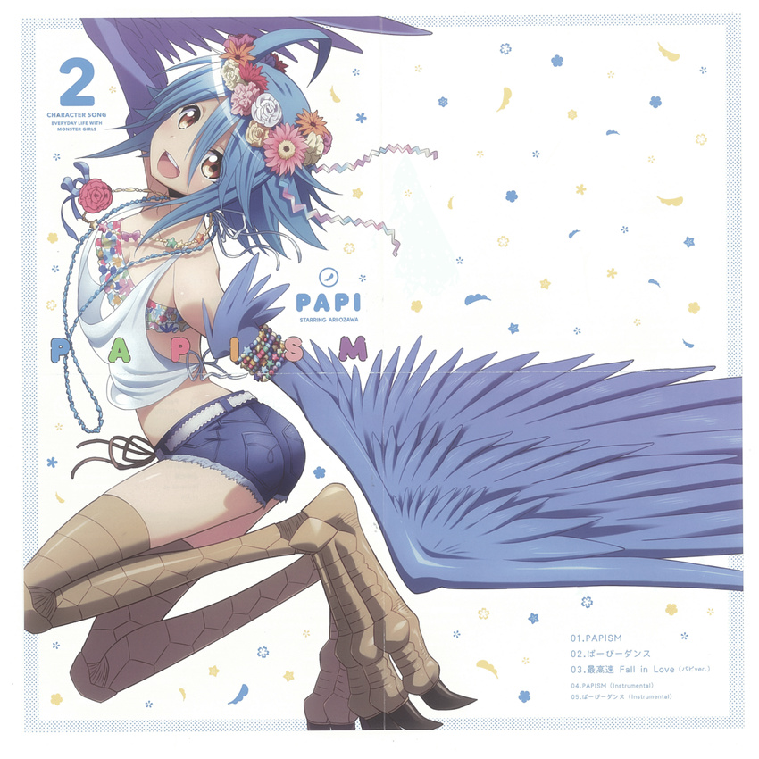 :d ahoge album_cover arm_up bandeau blue_hair breasts character_name claws cleavage cover denim denim_shorts feathered_wings flower hair_flower hair_ornament harpy head_wreath highres jewelry monster_girl monster_musume_no_iru_nichijou necklace official_art open_mouth orange_eyes outstretched_arms papi_(monster_musume) shorts simple_background small_breasts smile solo talons wings