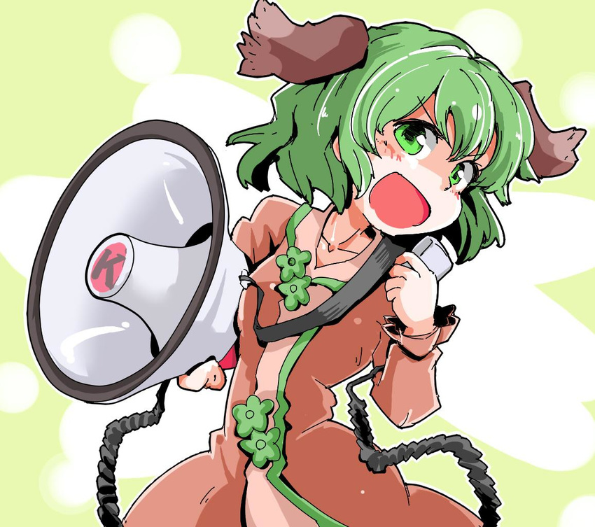 animal_ears dress green_eyes green_hair kasodani_kyouko megaphone open_mouth shinapuu short_hair skirt smile solo touhou