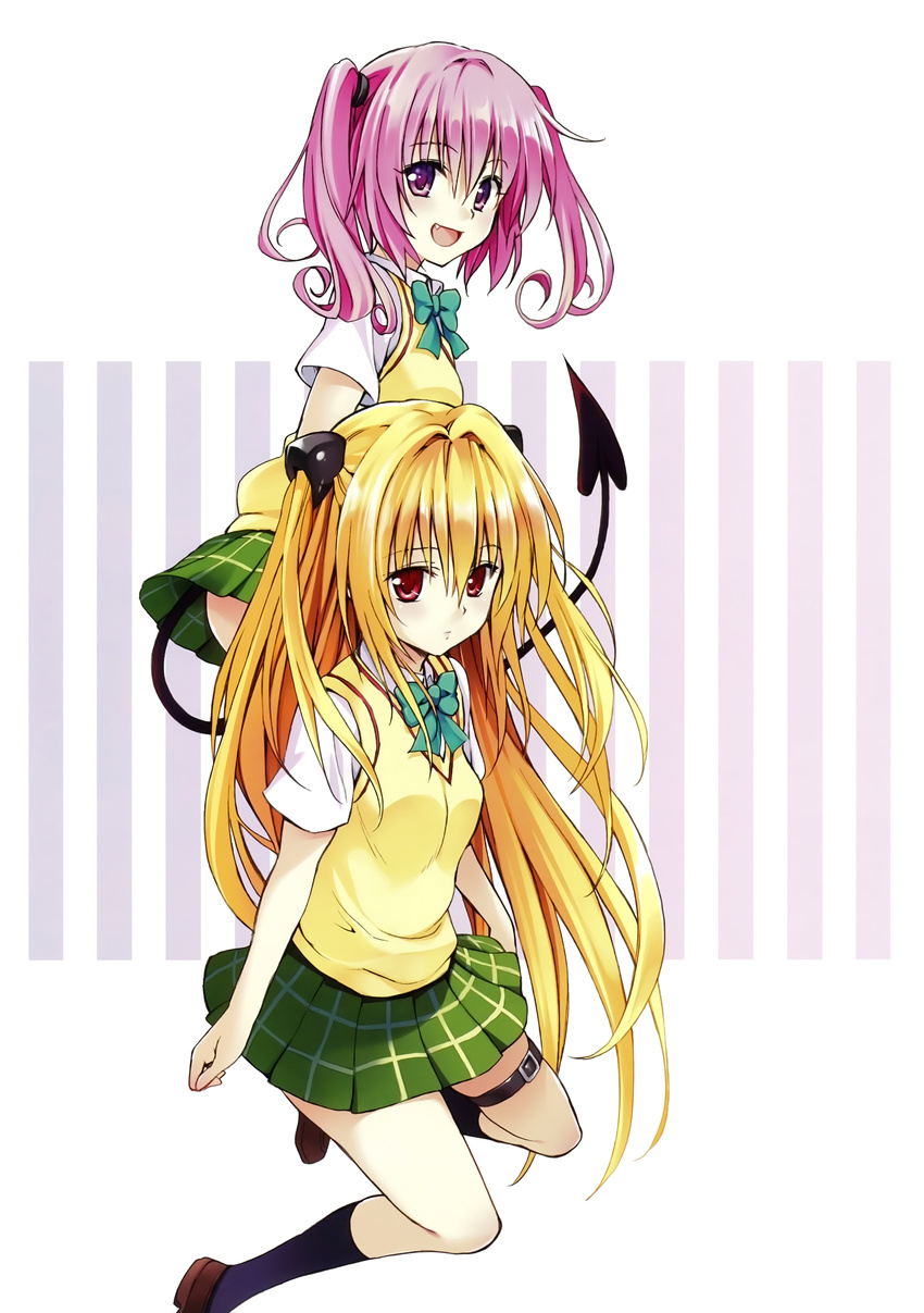 :d absurdres black_legwear blonde_hair demon_tail highres kneehighs konjiki_no_yami loafers long_hair multiple_girls nana_asta_deviluke open_mouth pink_eyes pink_hair plaid plaid_skirt pleated_skirt red_eyes scan school_uniform shoes skirt smile tail to_love-ru to_love-ru_darkness twintails two_side_up very_long_hair vest yabuki_kentarou