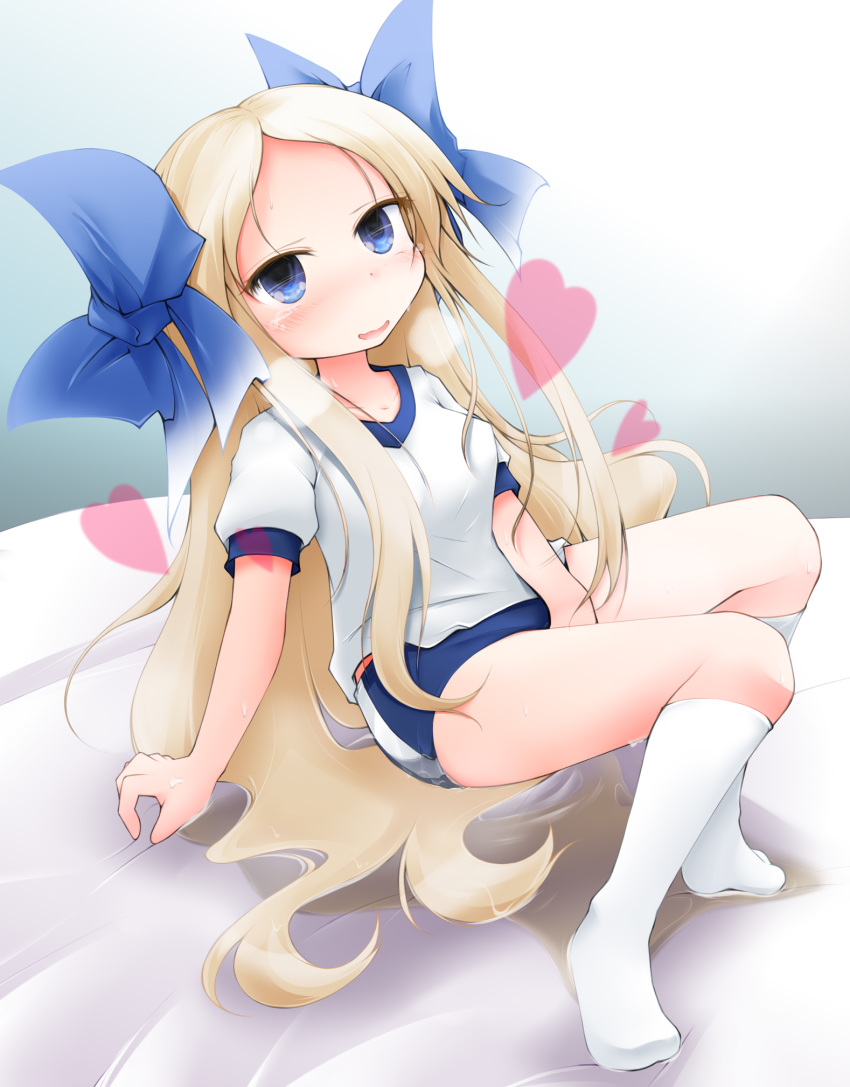 1girl alternate_costume anbee_(arary) arm_support asakaze_(kantai_collection) between_legs blonde_hair blue_bow blue_buruma blue_eyes blush bow breasts breath buruma collarbone empty_eyes female full_body gym_uniform hair_bow hand_between_legs happy heart highres kantai_collection kneehighs long_hair looking_at_viewer masturbation on_bed open_mouth peeing peeing_self puddle shirt short_sleeves small_breasts smile solo steam sweat tears very_long_hair wet wet_clothes white_legwear white_shirt
