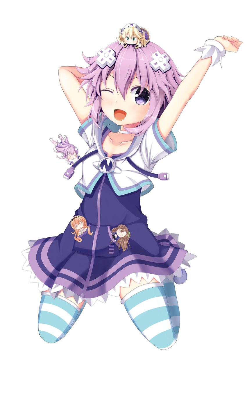 absurdres blush chibi compa d-pad d-pad_hair_ornament doll hair_ornament highres hinakurukuru histoire if_(choujigen_game_neptune) looking_at_viewer multiple_girls nepgear neptune_(choujigen_game_neptune) neptune_(series) one_eye_closed purple_hair smile stretch striped striped_legwear