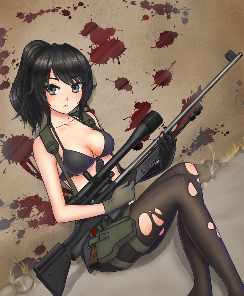 absurdres ayano_aishi black_gloves black_hair blood blood_splatter blue_eyes breasts cleavage cosplay front-tie_bikini front-tie_top gloves gun handgun highres holster legs_together long_hair medium_breasts metal_gear_(series) metal_gear_solid_v mismatched_gloves pantyhose pistol ponytail quiet_(metal_gear) quiet_(metal_gear)_(cosplay) rifle scope sniper_rifle solo thigh_holster torn_clothes torn_legwear underboob weapon wild_paper yandere_simulator