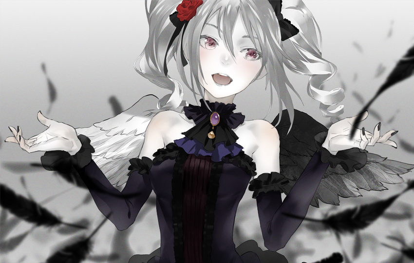 bare_shoulders black_wings blush detached_sleeves dress drill_hair flower hair_flower hair_ornament hair_ribbon idolmaster idolmaster_cinderella_girls kanzaki_ranko long_hair md5_mismatch nail_polish open_mouth red_eyes redjuice revision ribbon silver_hair sleeveless sleeveless_dress smile solo twin_drills twintails wings