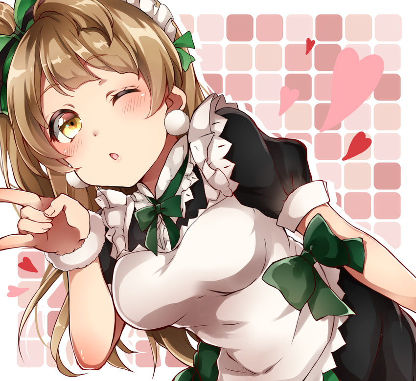 \n/ bad_id bad_pixiv_id blush bow brown_hair dress earrings hair_bow heart highres jewelry kuromiwa-38 long_hair love_live! love_live!_school_idol_project maid_headdress minami_kotori mogyutto_"love"_de_sekkin_chuu! one_eye_closed one_side_up smile solo upper_body yellow_eyes