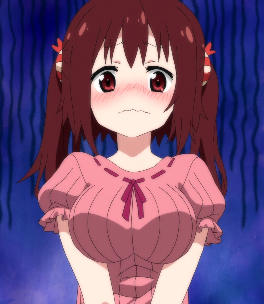 blush breast_squeeze breasts brown_eyes brown_hair ebina_nana highres himouto!_umaru-chan large_breasts ribbon-trimmed_clothes ribbon_trim screencap solo twintails wavy_mouth