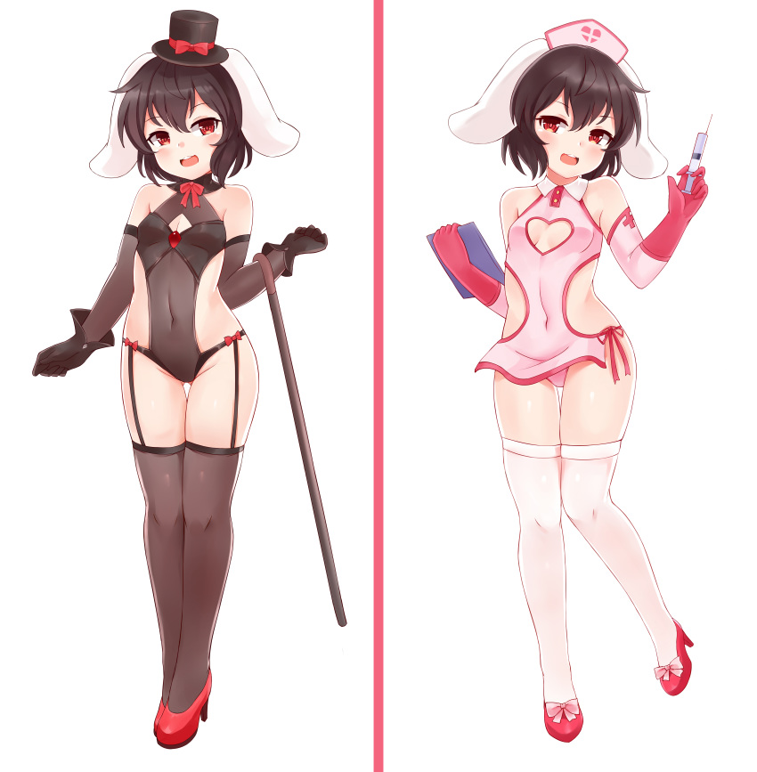 1girl :d absurdres animal_ears bare_shoulders black_gloves black_hair breasts brown_legwear bunny_ears bushi_(1622035441) cane covered_navel elbow_gloves full_body garter_straps gloves hat high_heels highres inaba_tewi looking_at_viewer mini_hat mini_top_hat multiple_views nurse_cap open_mouth pink_gloves red_eyes red_footwear revealing_clothes shoes short_hair simple_background small_breasts smile syringe thighhighs top_hat touhou upper_teeth white_background white_legwear