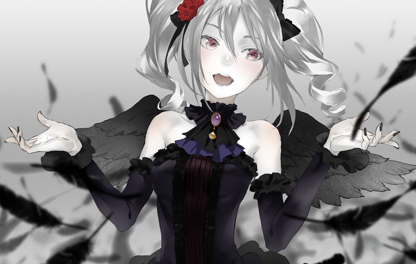 :d bare_shoulders black_feathers black_nails black_wings bow detached_sleeves drill_hair feathered_wings gradient gradient_background hair_bow idolmaster idolmaster_cinderella_girls kanzaki_ranko md5_mismatch nail_polish open_mouth pale_skin purple_eyes redjuice silver_hair smile solo teeth twin_drills twintails wings