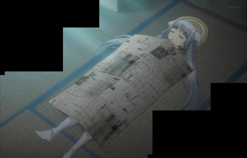 absurdres boots highres long_hair miss_monochrome miss_monochrome_(character) newspaper screencap silver_hair sleeping solo tatami thigh_boots thighhighs twintails