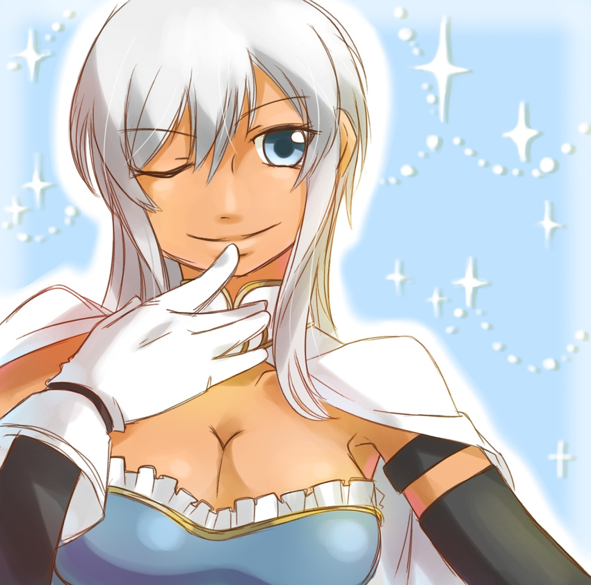 1girl blue_background blue_eyes breasts cape cleavage cosplay dark_skin elbow_gloves frills gloves grey_hair long_hair mahou_shoujo_madoka_magica miki_sayaka one_eye_closed rondorine_e._effenberg smile sparkle tales_of_(series) tales_of_phantasia:_narikiri_dungeon_x wink