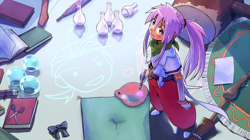 arche_klein book broom chester_barklight crystal_ball gloves hammer long_hair neko_(hansinn) paintbrush palette pillow ponytail purple_eyes purple_hair scissors scroll tales_of_(series) tales_of_phantasia