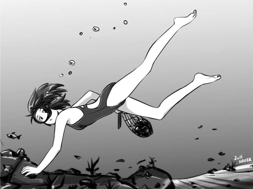 :&lt; air_bubble bare_legs barefoot breath bubble coral diving diving_mask diving_mask_on_eyes fish freediving greyscale holding_breath monochrome net one-piece_swimsuit original saver_(artbysaver) short_hair sketch solo swimming swimsuit underwater