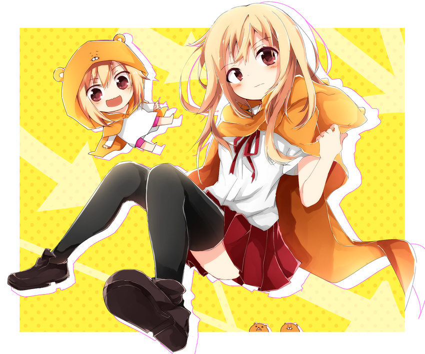 :d :| animal_costume black_legwear blonde_hair blush brown_eyes chibi closed_mouth doma_umaru dual_persona hamster hamster_costume highres himouto!_umaru-chan hood komaru long_hair looking_at_viewer multiple_girls open_mouth pleated_skirt polka_dot polka_dot_background red_eyes red_skirt shirt skirt smile solo_focus thighhighs tosura-ayato white_shirt