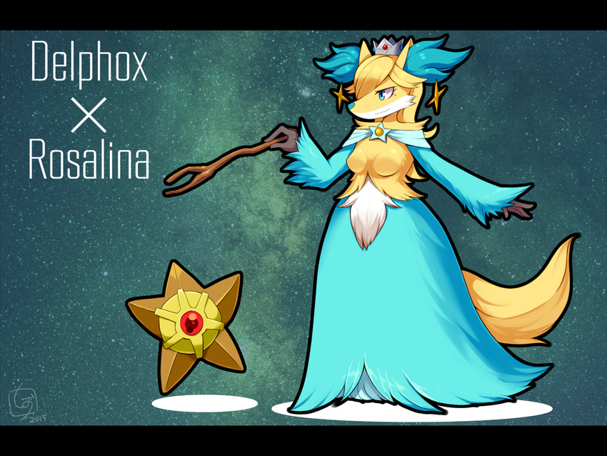 2015 ambiguous_gender anthro anthrofied breasts clothing cosplay crossover crown delphox dress ear_piercing female luma mario_bros nintendo piercing pok&eacute;mon rosalina_(mario) shioinu smirk star staryu super_mario_galaxy teal_eyes video_games wide_hips