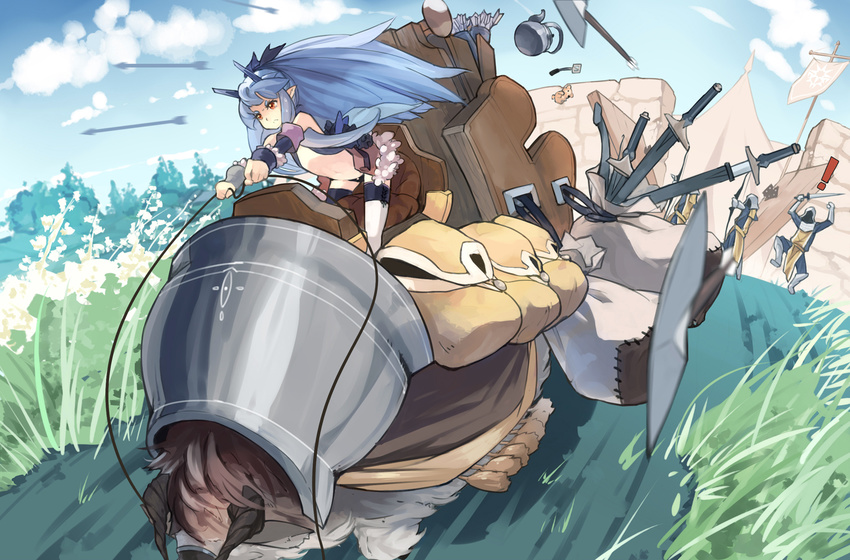 blue_hair bow_(weapon) eli_amethyst long_hair pixiv_fantasia pixiv_fantasia_fallen_kings pointy_ears primrose red_eyes riding sword very_long_hair weapon