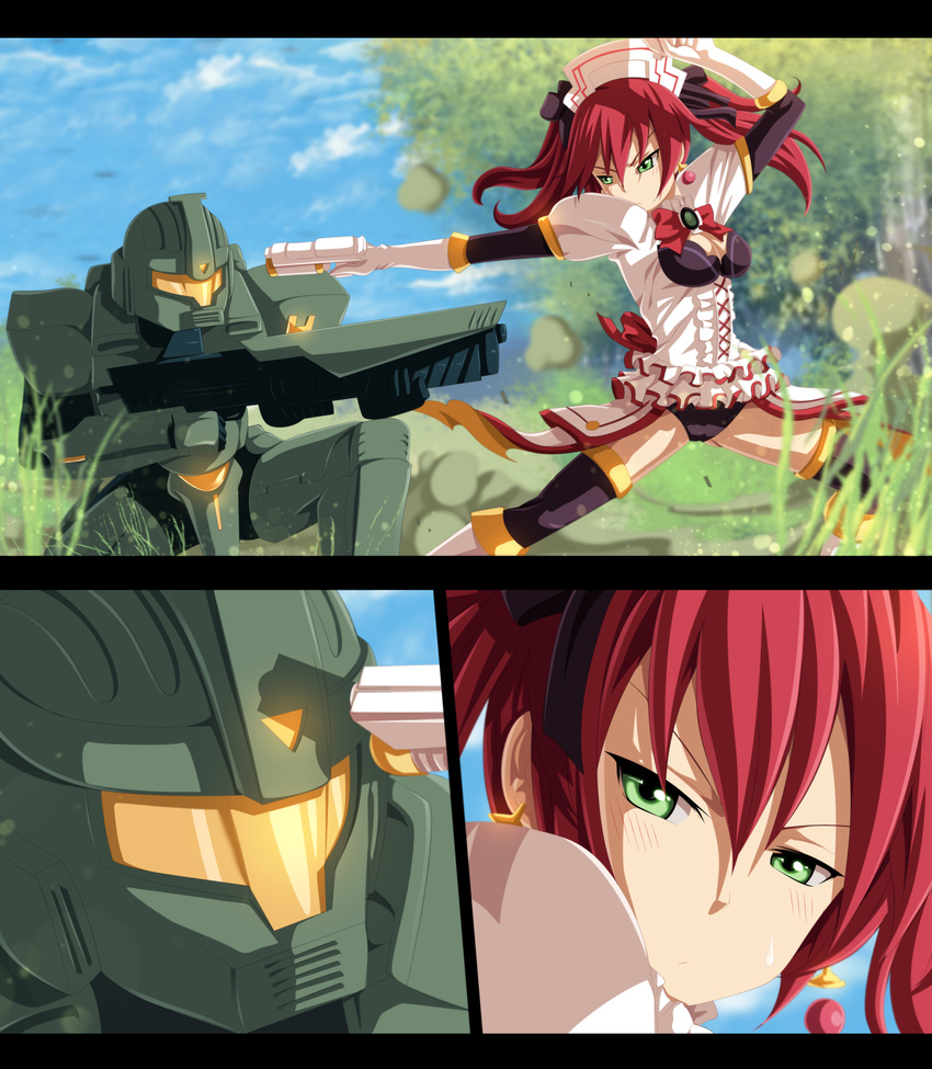 blush bow breasts cameltoe cave_(choujigen_game_neptune) cleavage comic earrings fighting_stance gloves grass green_eyes gun hair_ornament highres jewelry medium_breasts neptune_(series) planeptune power_armor red_hair rifle short_hair sweatdrop tree twintails weapon