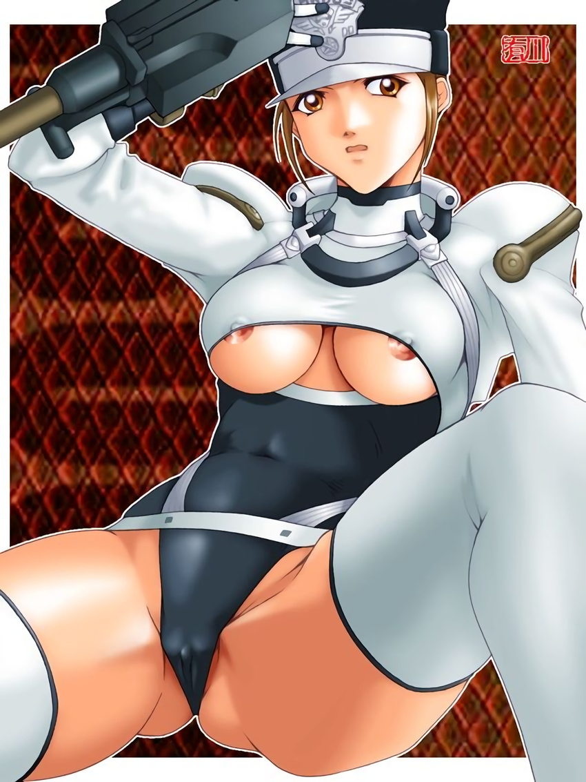 1girl artist_request atlus breasts brown_eyes brown_hair cameltoe female gouketsuji_ichizoku groove_on_fight hat highres leotard nipples policewoman short_hair solis_r8000 solo spread_legs thighhighs underboob uniform