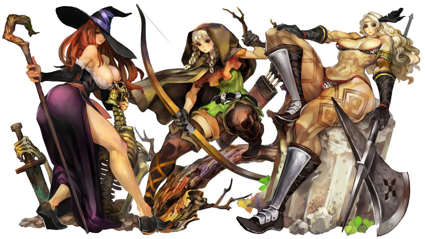 3girls amazon_(dragon's_crown) amazon_(dragon's_crown) ass axe bikini blonde_hair boots bow_(weapon) breasts cloak dragon's_crown dragon's_crown elf_(dragon's_crown) elf_(dragon's_crown) huge_breasts large_breasts multiple_girls muscle muscles pointed_hat red_eyes red_hair side_split skeleton sorceress_(dragon's_crown) sorceress_(dragon's_crown) staff swimsuit sword tattoo tattoos weapon