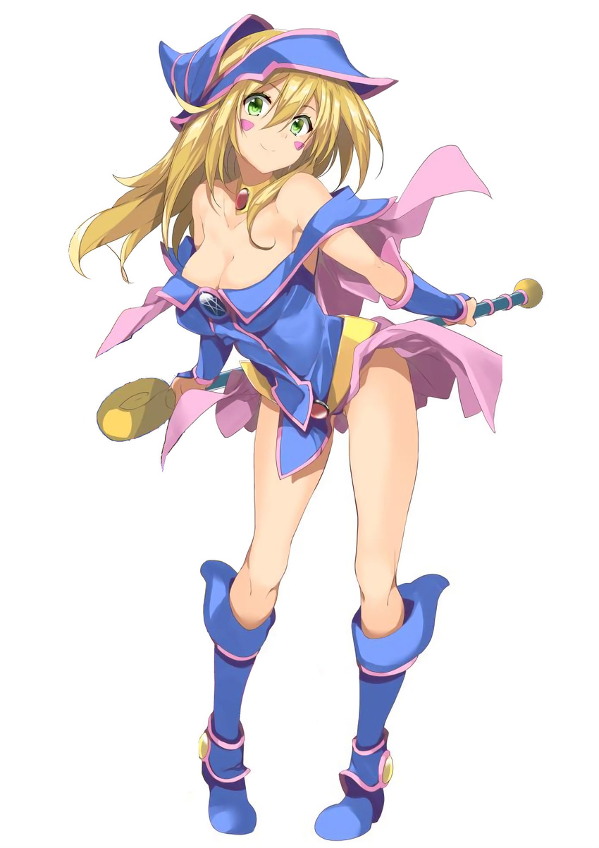 bad_source bare_shoulders blonde_hair blush_stickers boots breasts cleavage dark_magician_girl dress duel_monster full_body gintarou_(kurousagi108) green_eyes hat highres large_breasts long_hair off-shoulder_dress off_shoulder pentacle revision smile solo staff standing white_background wizard_hat yuu-gi-ou