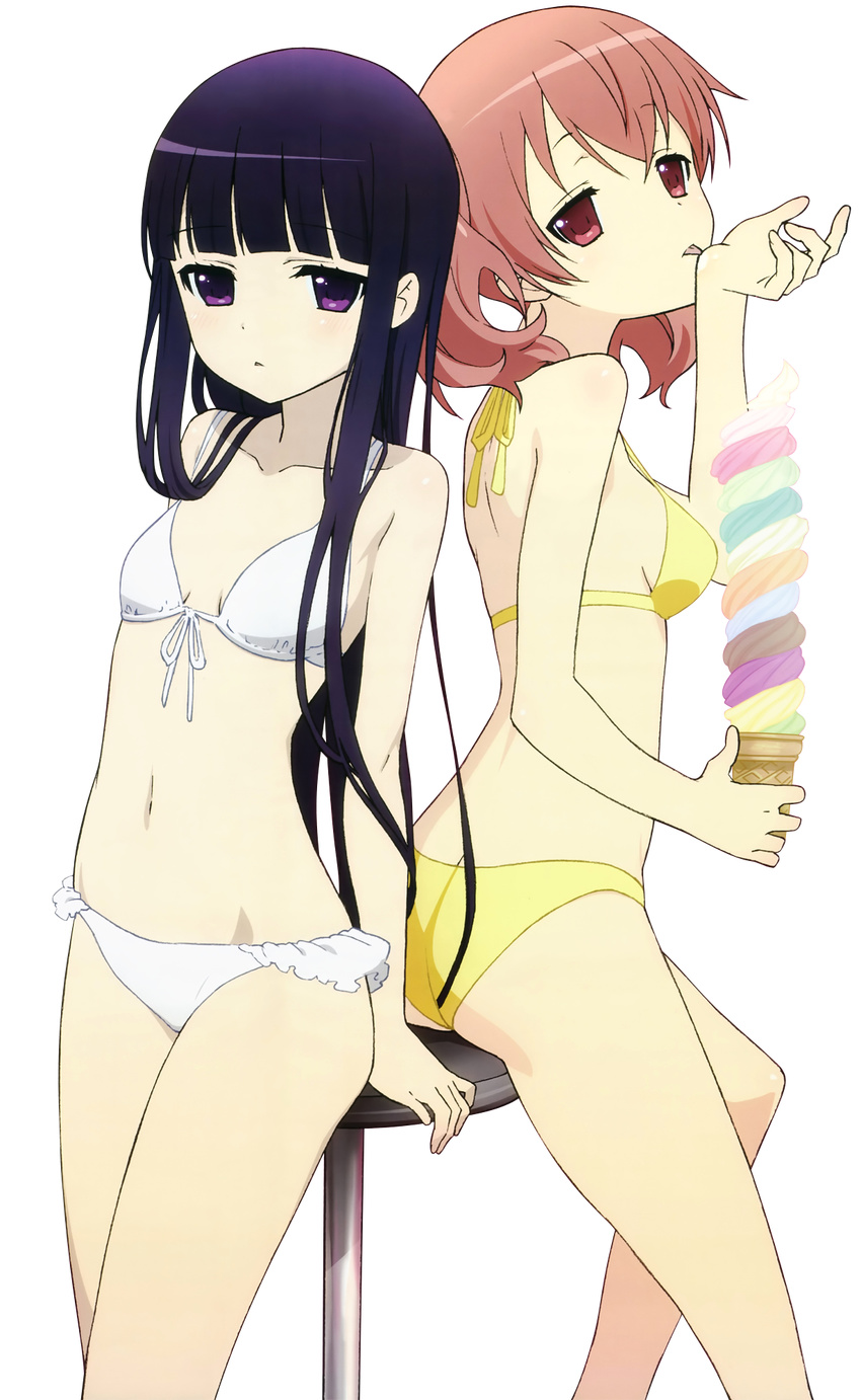 bikini black_hair breasts brown_hair food front-tie_top highres ice_cream inu_x_boku_ss looking_at_viewer multiple_girls navel purple_eyes red_eyes roromiya_karuta shirakiin_ririchiyo sideboob small_breasts swimsuit transparent_background