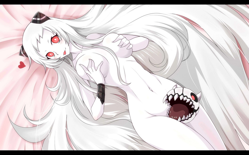 airfield_hime blush breast_hold breasts convenient_censoring g_(desukingu) horns kantai_collection large_breasts long_hair nude pale_skin red_eyes shinkaisei-kan solo very_long_hair wallpaper white_hair white_skin