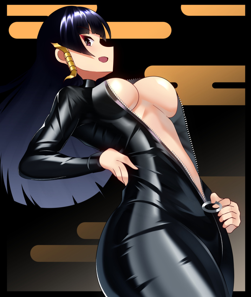 1girl bangs biker_clothes bikesuit black_hair blunt_bangs bodysuit breasts center_opening commentary_request dead_or_alive dead_or_alive_5 hair_ornament hand_on_hip highres large_breasts long_hair no_bra nyotengu open_clothes pink_eyes profile simple_background skin_tight solo underboob unzipped unzipping volyz zipper