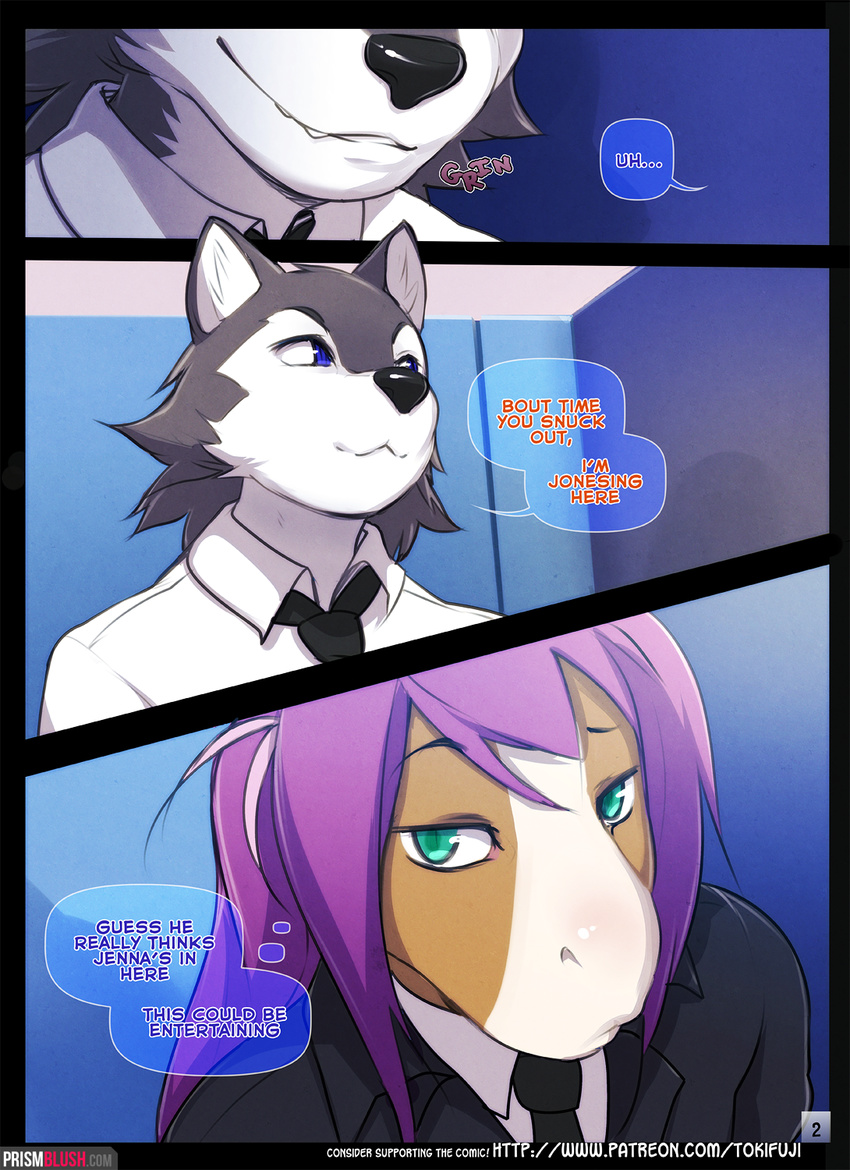 blue_eyes brown_fur canine clothed clothing comic cream_fur dialogue english_text equine fur gavin_(tokifuji) grey_fur hair horse mammal necktie purple_hair reggie_(tokifuji) smile stall teal_eyes text tokifuji uniform white_fur wolf