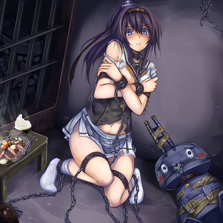 akizuki_(kantai_collection) ball_and_chain_restraint ball_gag bars bdsm blue_eyes bondage bound chain chained chopsticks chou-10cm-hou-chan collar covering covering_breasts crossed_arms cuffs drooling fish food fruit gag gagged highres in_cell kantai_collection kneehighs lemon looking_at_viewer monikano mushroom navel prison_cell purple_hair restrained rice sauce school_uniform serafuku shinkaisei-kan skirt socks steam sweat tape tape_bondage tongue torn_clothes wrist_cuffs