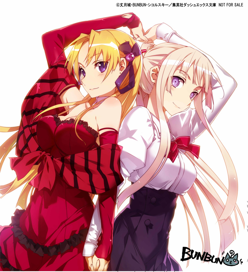 absurdres arm_up artist_name bangs blonde_hair blue_eyes breasts bunbun campione! chronicle_legion cleavage detached_collar detached_sleeves dress dutch_angle earrings erica_blandelli from_side fujinomiya_shiori hair_ribbon highres holding_hands interlocked_fingers jewelry large_breasts looking_at_viewer mole mole_under_eye multiple_girls parted_bangs ponytail red_dress ribbon sidelocks simple_background smile strapless strapless_dress symmetry white_background