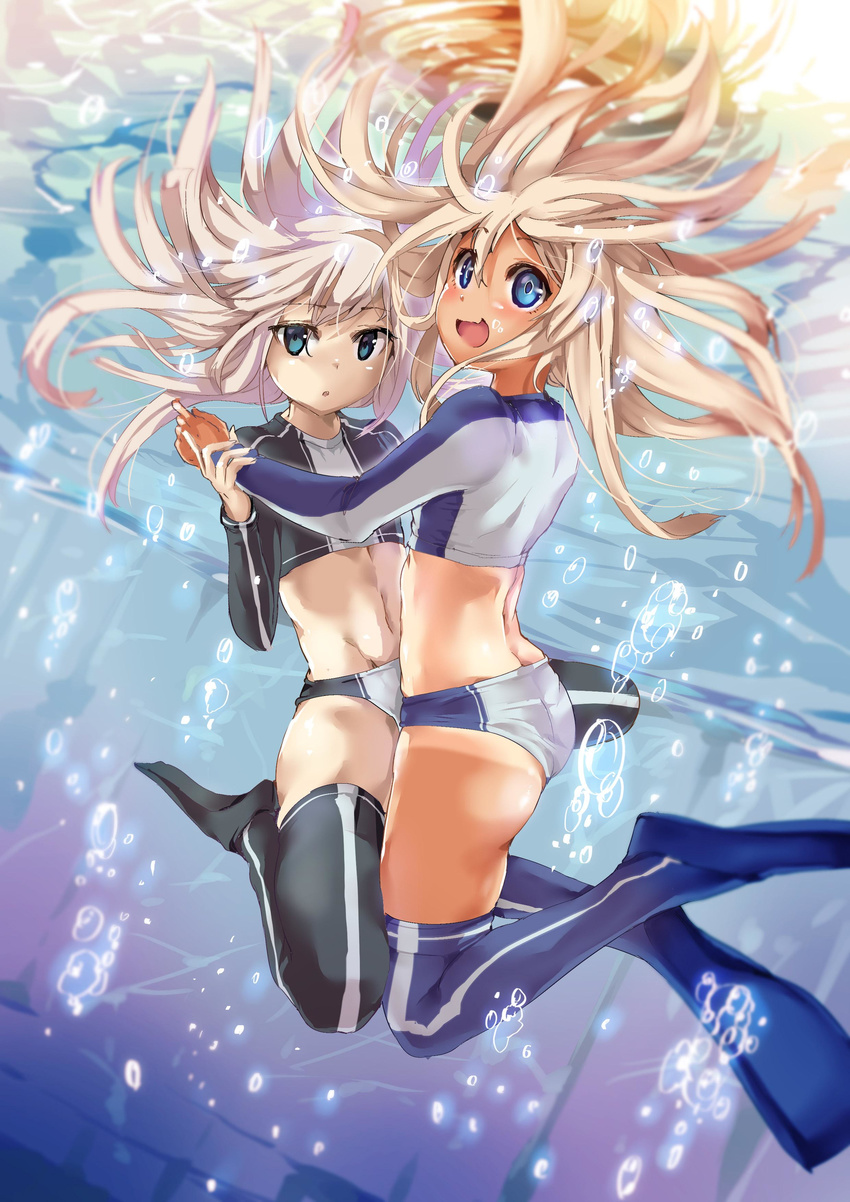 :d absurdres air_bubble ass black_legwear blonde_hair blue_eyes blue_legwear bubble crop_top dual_persona flippers highres kantai_collection legs_up long_hair looking_at_viewer midriff multiple_girls navel one-piece_tan open_mouth parted_lips ro-500_(kantai_collection) satou_daiji silver_hair smile submerged tan tanline thighhighs u-511_(kantai_collection) underwater