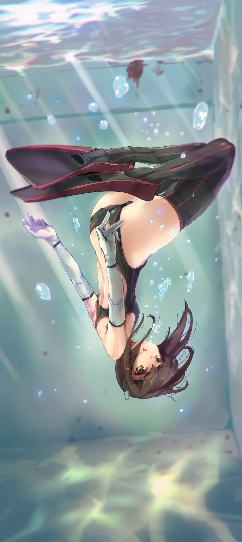 absurdres air_bubble ass black_legwear breath brown_eyes brown_hair bubble bubble_blowing competition_swimsuit diving elbow_gloves flat_chest flippers freediving gloves headgear highres holding_breath kantai_collection one-piece_swimsuit pool satou_daiji short_hair solo swimming swimsuit taihou_(kantai_collection) thighhighs underwater underwear upside-down water white_gloves