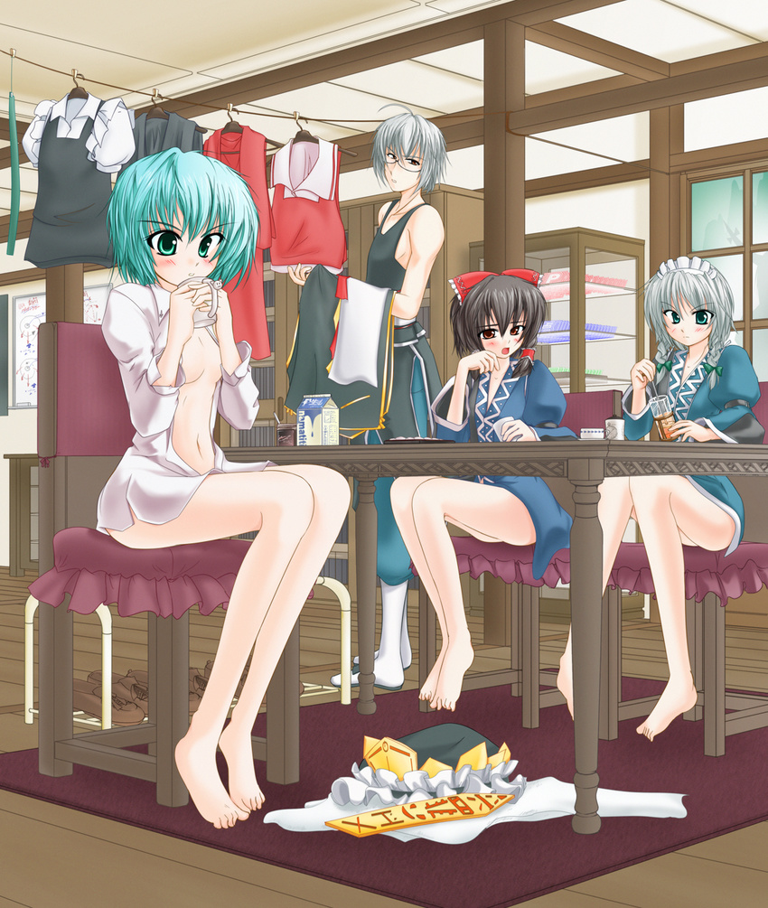 3girls ahoge barefoot black_hair blue_eyes blush bottomless bow braid brown_eyes chair clothes clothesline cup ex-keine feet green_eyes green_hair hair_bow hakurei_reimu hat highres izayoi_sakuya kamishirasawa_keine kirihane kourindou legs morichika_rinnosuke mug multiple_girls navel no_bra open_clothes open_shirt power-up rod_of_remorse room shiki_eiki shirt short_hair silver_hair sitting table touhou twin_braids when_you_see_it