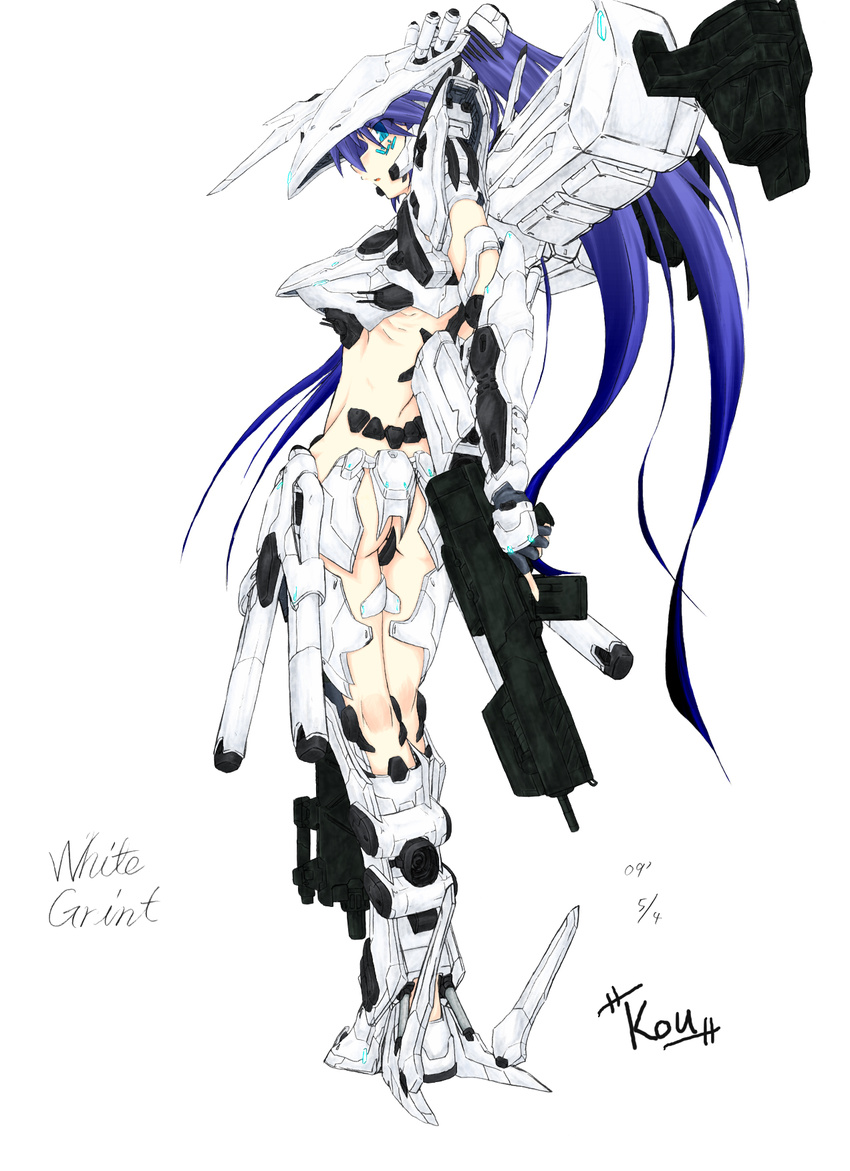 armored_core armored_core:_for_answer blue_eyes from_software gun highres mecha_musume purple_hair rifle weapon white_glint