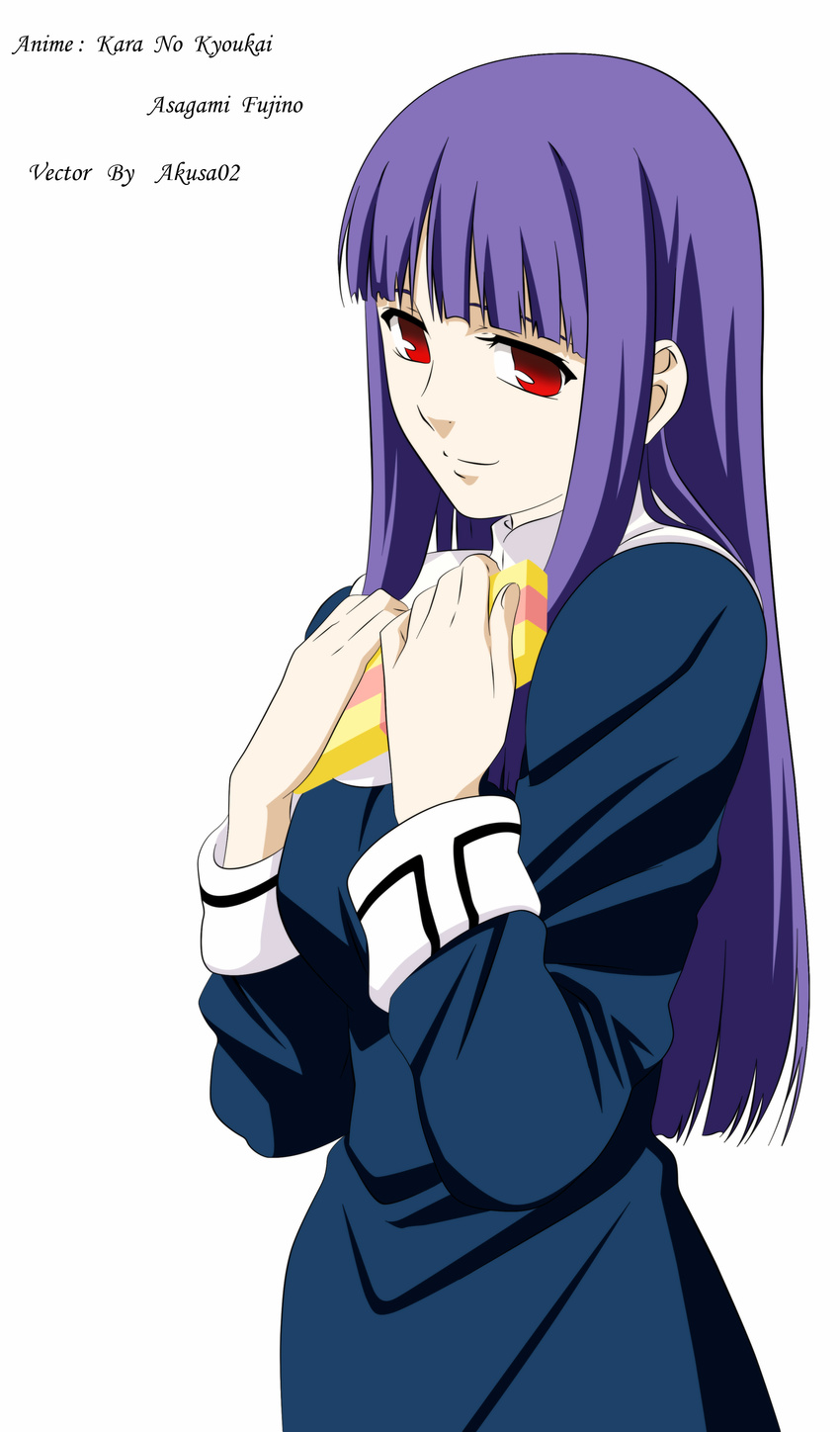 absurdres asagami_fujino gift highres hime_cut kara_no_kyoukai present purple_hair red_eyes school_uniform smile vector_trace