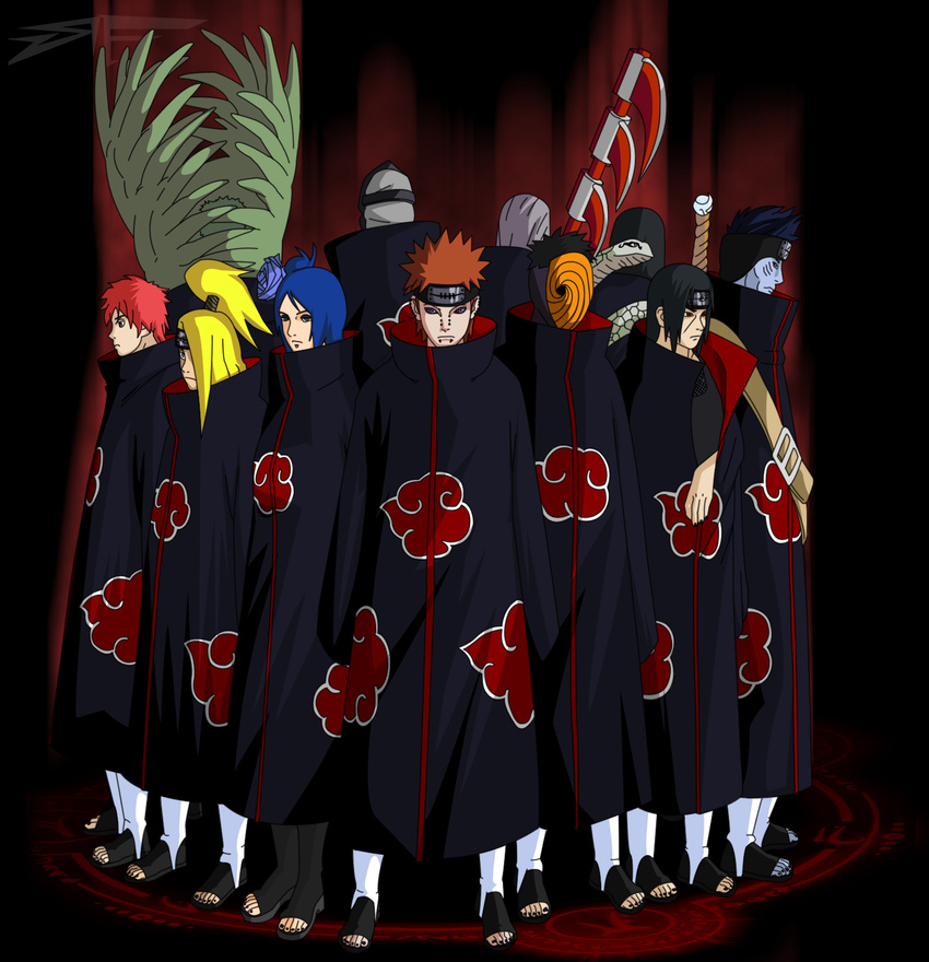 6+boys akatsuki_(naruto) akatsuki_uniform amegakure_symbol black_eyes black_hair blonde_hair blue_eyes blue_flower blue_hair blue_rose blue_skin breasts brown_eyes cloak deidara ear_piercing everyone eyeshadow flower forehead_protector gills green_hair grey_hair hair_bun hair_flower hair_ornament hair_over_one_eye hidan highres hoshigaki_kisame huge_weapon iwagakure_symbol jewelry kakuzu kirigakure_symbol konan konohagakure_symbol lavender_eyes lip_piercing long_hair makeup mask medium_breasts multiple_boys naruto_(series) naruto_shippuuden ninja nose_piercing orange_hair orochimaru otoko_no_ko pain_(naruto) piercing plant_boy red_eyes red_hair ring rinnegan rose sasori scythe self_upload shark_boy short_hair snake spiked_hair standing stiky_finkaz sword third-party_edit tobi topknot uchiha_itachi vector_trace watermark weapon white_snake yellow_eyes zetsu