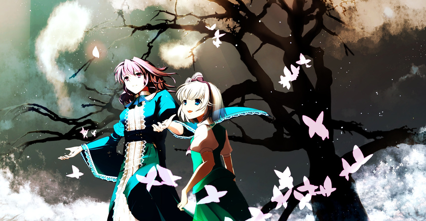 ascot blue_eyes bow bug butterfly fk ghost hair_bow hairband highres insect japanese_clothes konpaku_youmu konpaku_youmu_(ghost) lace-trimmed_sleeves lace_trim multiple_girls pink_eyes pink_hair saigyouji_yuyuko short_hair silver_hair skirt skirt_set sky touhou tree vest