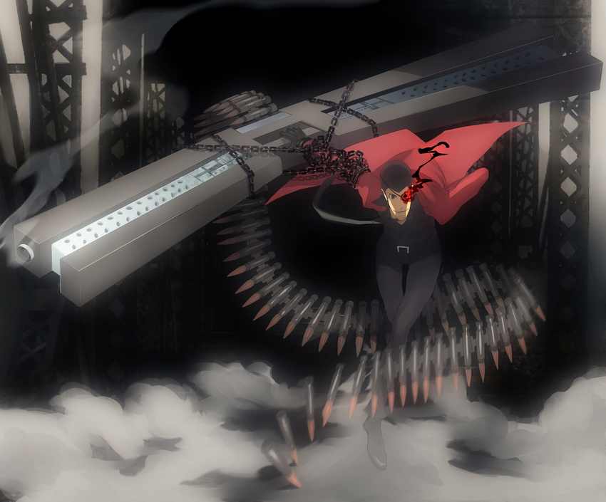 arm_cannon arsene_lupin_iii bad_id bad_pixiv_id black_rock_shooter bullet burning_eye chain gun highres huge_weapon jacket lupin_iii male_focus parody red_jacket sideburns solo trigun weapon zz