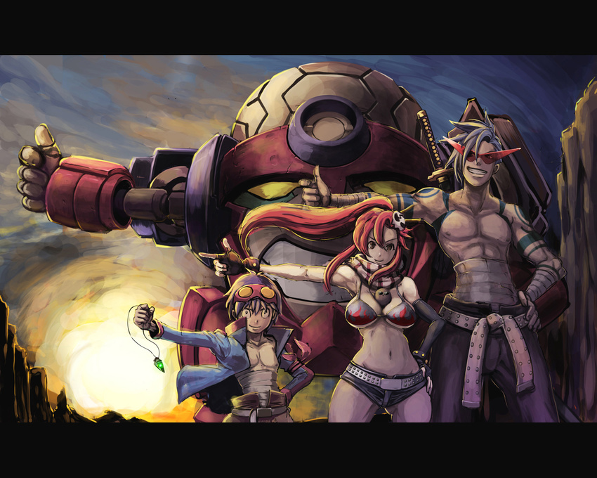 2boys animal animal_between_breasts between_breasts bikini_top blue_hair boota breasts butcha-u cleavage drill fingerless_gloves gloves goggles goggles_on_head kamina kamina_shades katana lagann large_breasts multiple_boys ponytail red_hair sarashi scarf short_shorts shorts simon smile sword tengen_toppa_gurren_lagann thumbs_up weapon yoko_littner