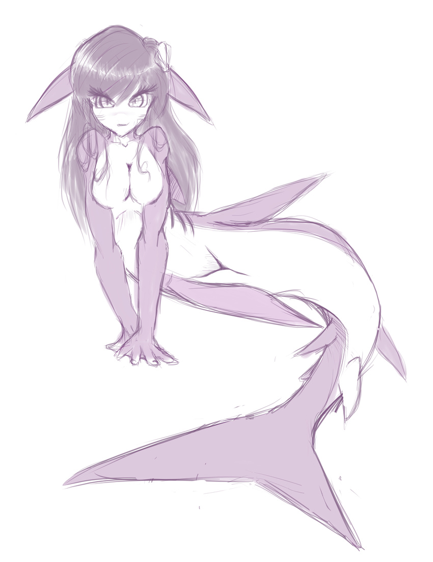 2013 absurd_res anthro breasts featureless_crotch female fin fish gills hair hi_res hybrid larkdraws long_hair looking_at_viewer marine merfolk nude pose purple_skin shark simple_background sketch smile solo white_background white_skin