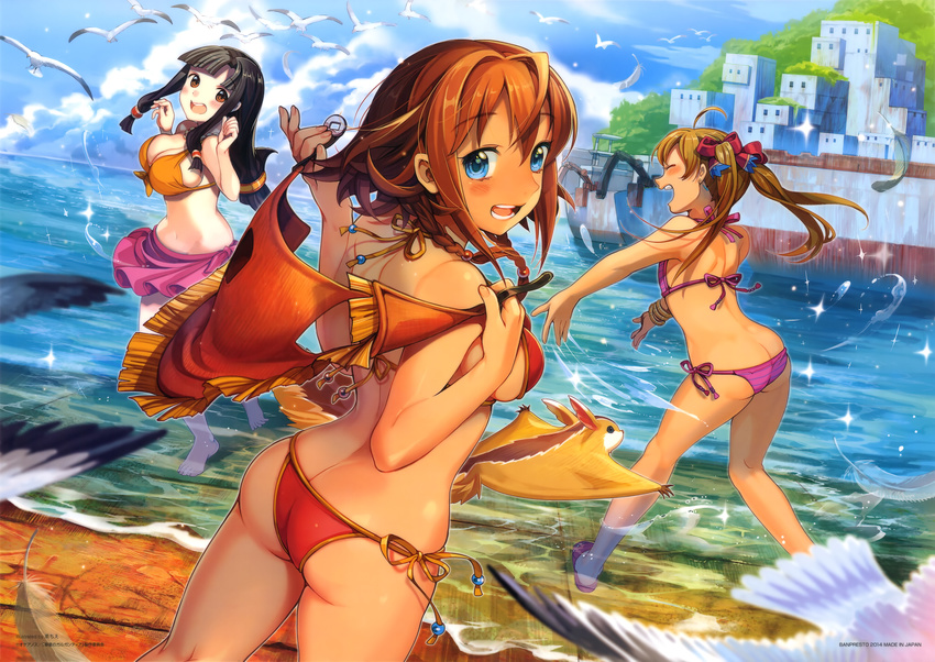:d absurdres amy_(suisei_no_gargantia) ass bangs barefoot bikini bird black_hair blue_eyes blue_sky blunt_bangs blush bow bracelet braid breasts brown_eyes brown_hair butt_crack chachie cleavage cloud day feathers flat_chest from_behind front-tie_top hair_bow highres jewelry large_breasts long_hair looking_at_viewer looking_back low-tied_long_hair melty_(suisei_no_gargantia) multiple_girls navel ocean open_mouth outdoors purple_bikini red_bikini saaya_(suisei_no_gargantia) sarong seagull side-tie_bikini sky smile sparkle splashing squirrel striped striped_bikini suisei_no_gargantia swimsuit twin_braids twintails wading