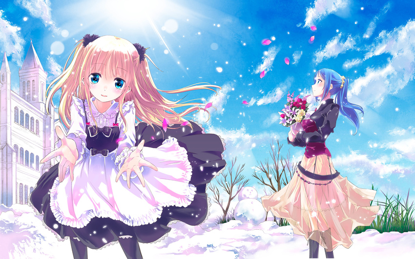absurdres blonde_hair blue_eyes blue_hair boots bouquet church cloud day flower frills gothic_lolita highres kazumiya_akira leaning_forward lieselotte_faustus lolita_fashion long_hair looking_at_viewer multiple_girls outstretched_arms pantyhose petals ponytail see-through shoujo_gensou_necrophilia skirt sky snow snowman sun two_side_up wind