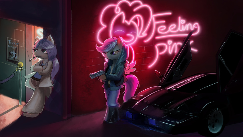 anthro anthrofied boots car cigarette cigarette_holder clothing club countach crossover dark door duo earth_pony equine fan_character female footwear friendship_is_magic gun handgun horse hotline_miami lamborghini leather_jacket mammal melee_weapon my_little_pony neon neon_light night nocturne_club paladin_(artist) pegasus pinkie_pie_(mlp) pistol pony ponytail ranged_weapon scootaloo_(mlp) smoking strip_club trixie_(mlp) vehicle weapon wings