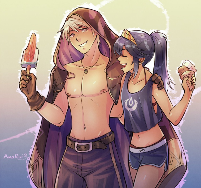 1boy 1girl ana_rui blue_eyes blue_hair blush cape eyes_closed fire_emblem fire_emblem:_kakusei fire_emblem_heroes food gloves ice_cream long_hair lucina male_my_unit_(fire_emblem:_kakusei) mamkute my_unit_(fire_emblem:_kakusei) nintendo open_mouth ponytail robe short_hair simple_background smile swimsuit tiara white_hair