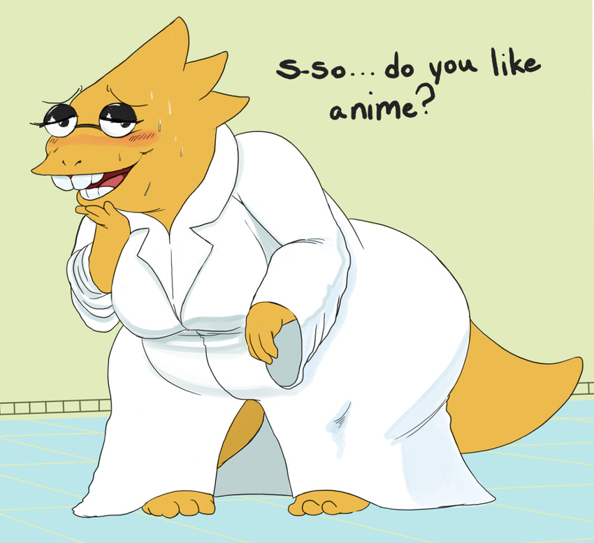 alphys azurepond bent_over blush breasts buckteeth dialogue english_text eyewear female glasses lab_coat monster open_mouth scales scalie solo sweat teeth text undertale yellow_scales