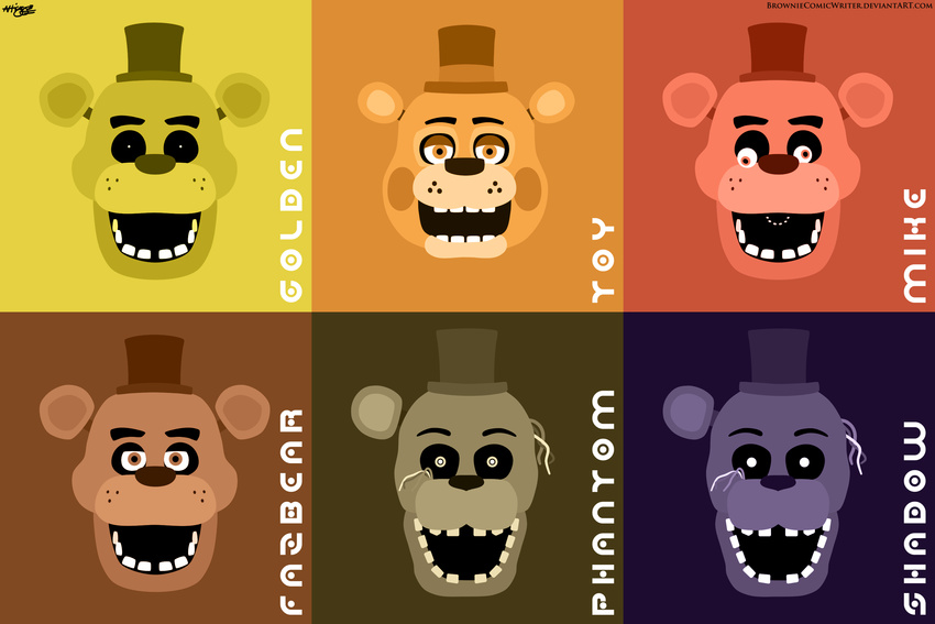 animatronic bear brown_background browniecomicwriter five_nights_at_freddy's five_nights_at_freddy's_2 freddy_(fnaf) golden_freddy_(fnaf) hat machine mammal mike_schmidt minimalist orange_background phantom_freddy purple_background red_background restricted_palette robot shadow_freddy simple simple_background top_hat toy_freddy_(fnaf) video_games yellow_background