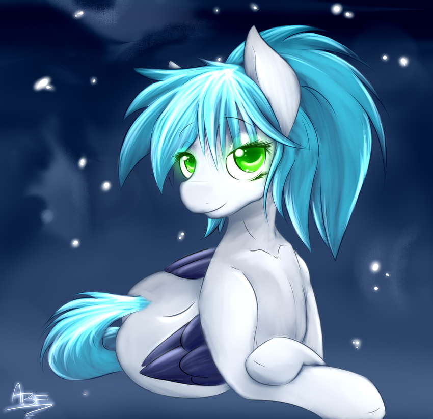 2012 absurd-res black_feathers blue_fur blue_hair butt english_text equine fan_character feathers female feral fur green_eyes hair hi_res larkdraws long_hair looking_at_viewer lying mammal my_little_pony nude pegasus smile solo star-chaser-ii text wings