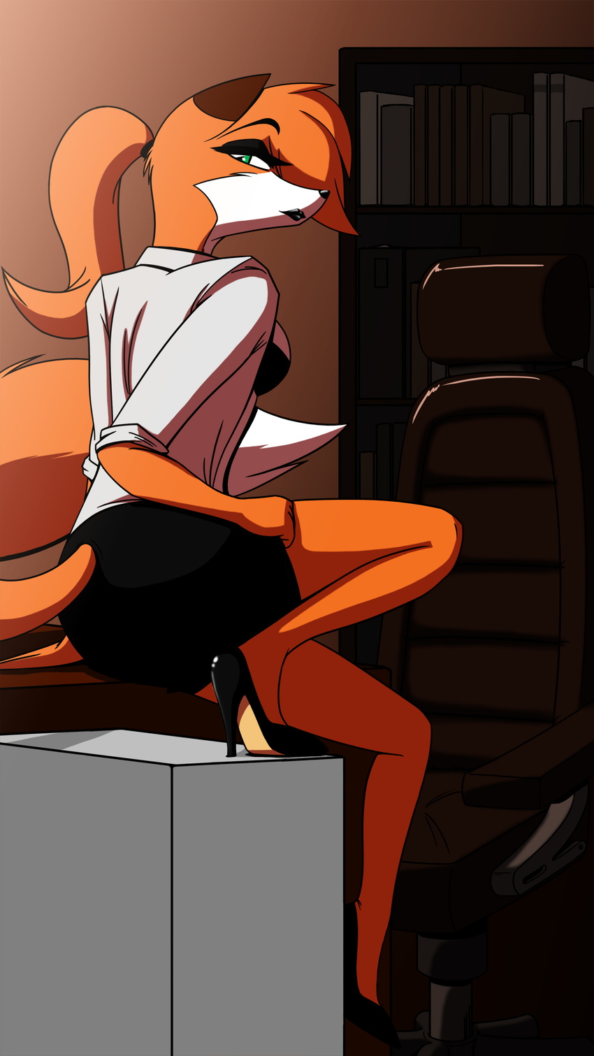 anthro attire bra breasts business_suit canine chair clothing desk female fox green_eyes high_heels legacy_of_the_phoenix lipstick looking_at_viewer makeup mammal office ponytail rebecca(lotp) rebecca_cyrus shelf shirt side_boob sitting skirt solo thelonecrow underwear