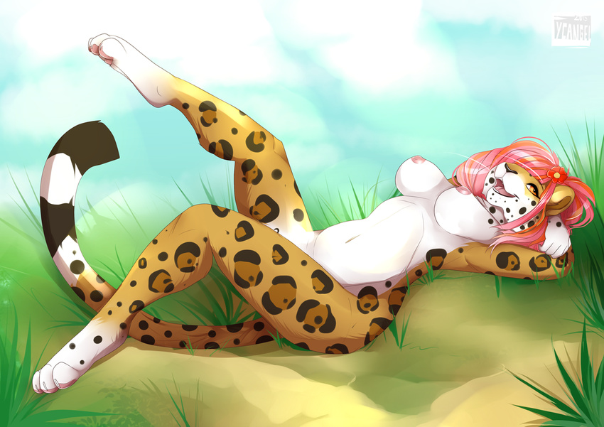 amber_eyes breasts claws feline female flower flower_in_hair fur grass hair hands_behind_head leopard looking_at_viewer lycangel lying mammal navel nipples nude on_back outside pink_hair pinup plant pose smile solo spots spotted_fur toe_claws tongue
