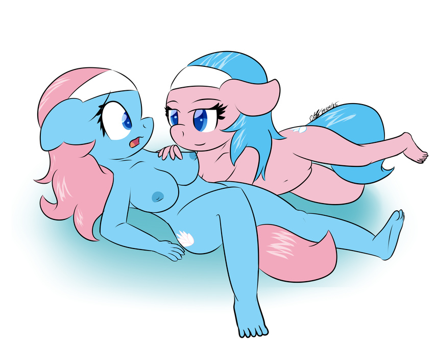 aloe_(mlp) alpha_channel anthro anthrofied areola big_breasts blue_eyes blue_hair blue_skin breasts cutie_mark duo equine feet female female/female friendship_is_magic hair hairband half-closed_eyes hand_on_breast horse icy_wings lotus_(mlp) lying mammal my_little_pony navel nipples on_back on_front open_mouth pink_skin pony pussy simple_background smile tongue transparent_background