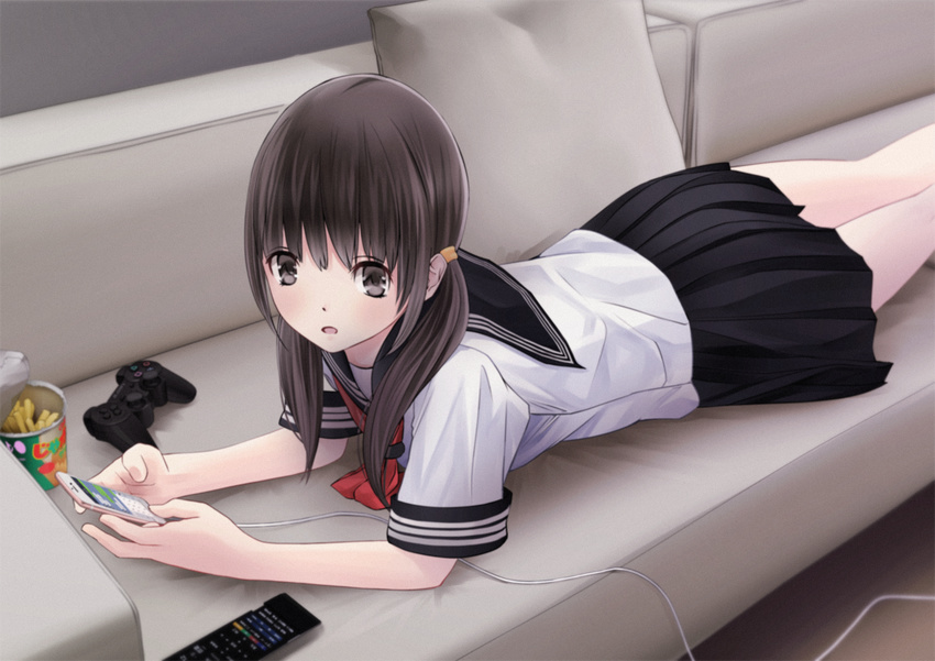 bad_id bad_pixiv_id black_eyes black_hair cable can cellphone chikuwa_(odennabe) chips controller couch dualshock food game_controller gamepad on_couch original phone pleated_skirt remote_control school_uniform serafuku short_sleeves skirt smartphone solo